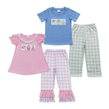 Birthday Balloon Cake Plaid Pink Girls Short Sleeve+Trousers Sets