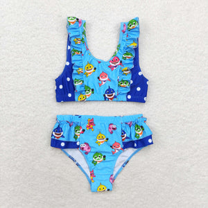 Cartoon Blue Ruffles Girls Swimsuits