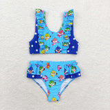 Cartoon Blue Ruffles Girls Swimsuits