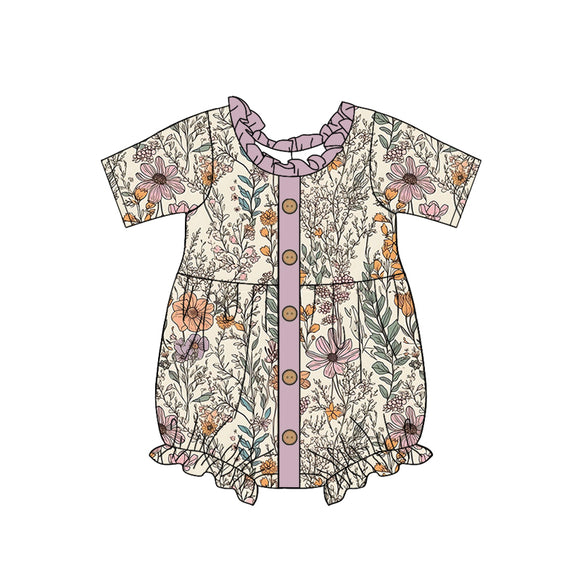 Personal customization- Floral Leaves Purple Ruffles Girls Summer Romper