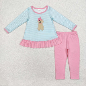 Dog Stripe Blue Pink Girls Long Sleeve+Trousers Sets