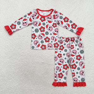 Bamboo Smile Floral Red Ruffles Girls Christmas Pajamas