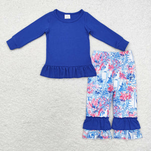 Boat Tree Solid Blue Girls Long Sleeve+Trousers Sets