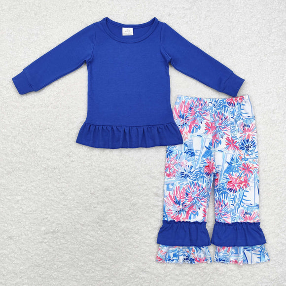 Boat Tree Solid Blue Girls Long Sleeve+Trousers Sets