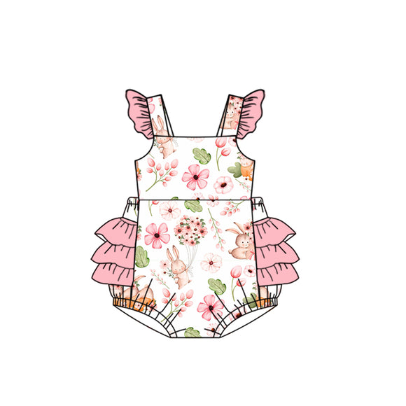 Personal customization- Floral Pink Ruffles White Girls Easter Romper