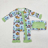 Bamboo Cartoon Green Ruffles Blue Girls Fall Romper