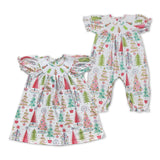 Tree Smocked White Girls Christmas Dress