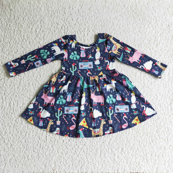 Promotional Cartoon Dinosaur Pig Unicorn Animals Navy Girls Christmas Dress