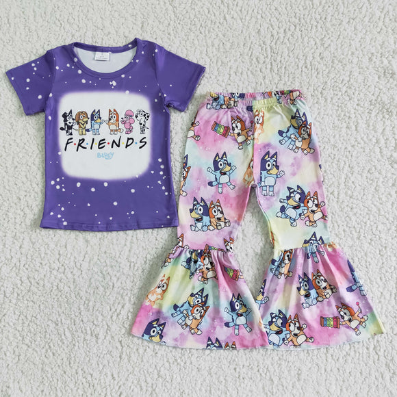 Cartoon Dogs Friends Purple Girls Short Sleeve+Trousers Sets