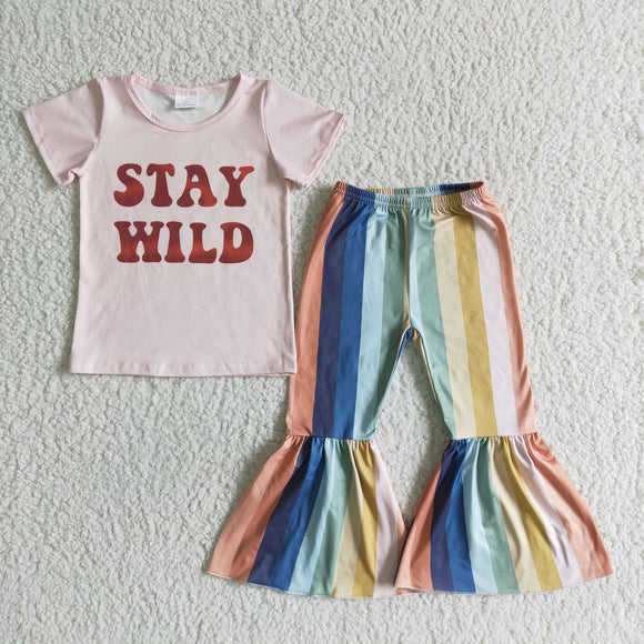 Promotional Stay Wild Girls Short Sleeve+Trousers Sets