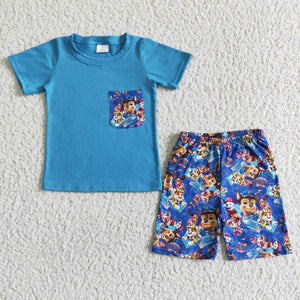 Cartoon Dogs Blue Pocket Boys Shorts Sets