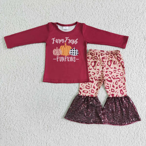Promotional Farm Fresh Pumpkins Red Sequins Leopard Print Girls Long Sleeve+Trousers Sets