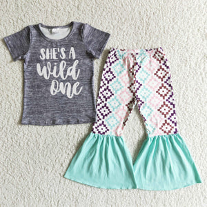 Promotional Wild One Gray Girls Short Sleeve+Trousers Sets