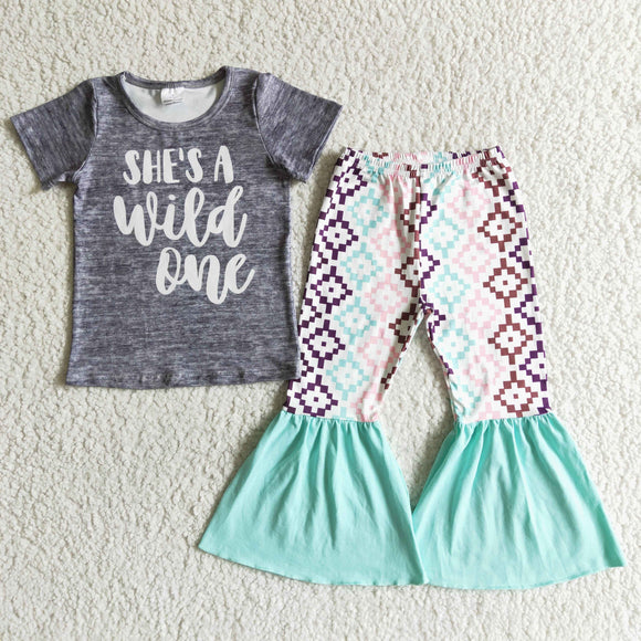 Promotional Wild One Gray Girls Short Sleeve+Trousers Sets