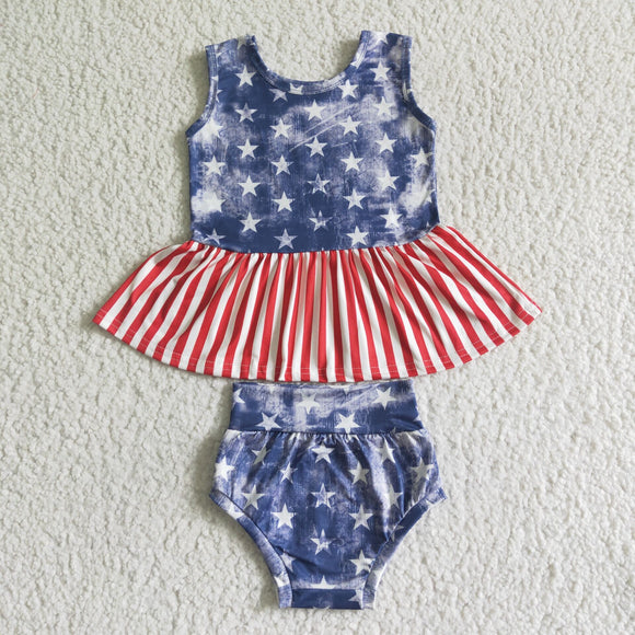 Promotional Stars Red Stripe Ruffles Girls 4th of July Bummies Sets