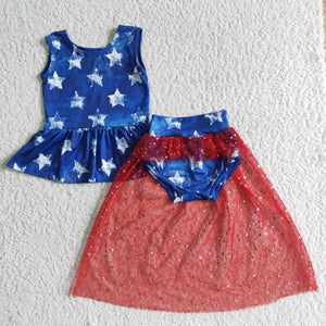 Promotional Stars Red Gauze Girls 4th of July Bummie Set