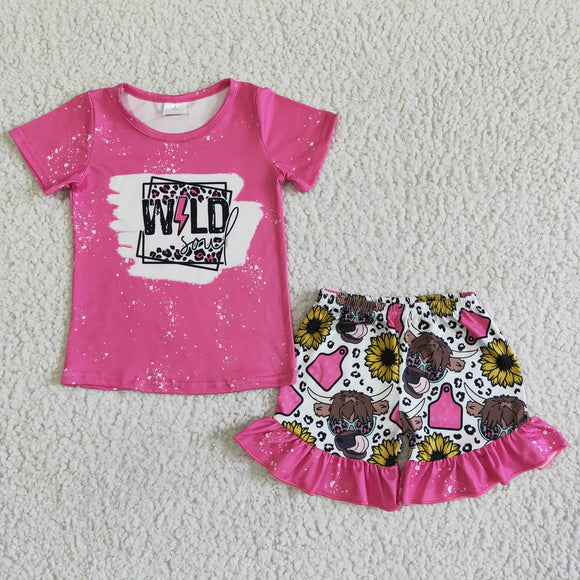 Promotional Wild Sunflower Cow Hot Pink Girls Shorts Sets