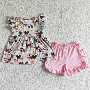 Promotional Cartoon Pink Girls Shorts Sets