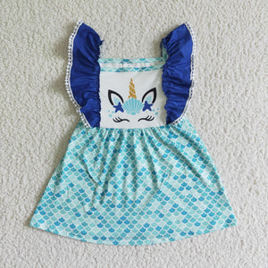 Promotional Unicorn Blue Girls Flutter Sleeve Dress