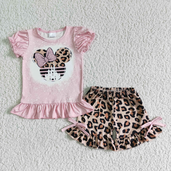 Promotional Pink Cheetah Cartoon Girls Shorts Sets