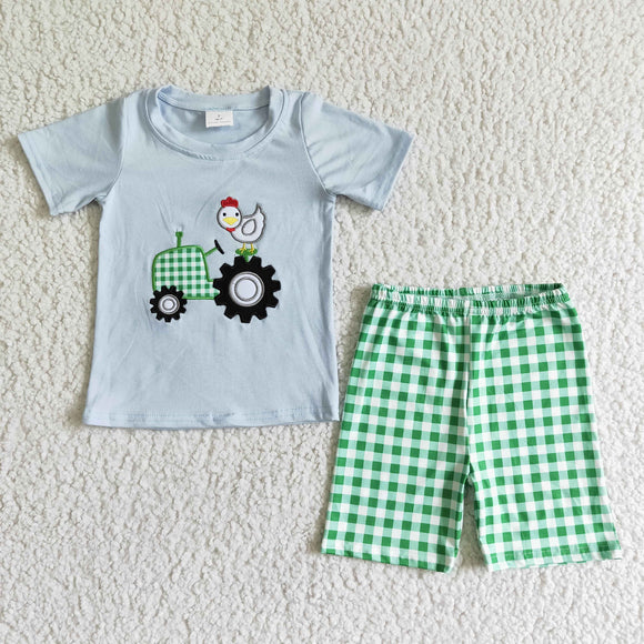 Promotional Tractor Embroidery Green Plaid Boys Shorts Sets