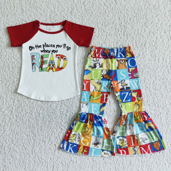 Promotional Cartoon Cat Read Raglan Girls Short Sleeve+Trousers Sets