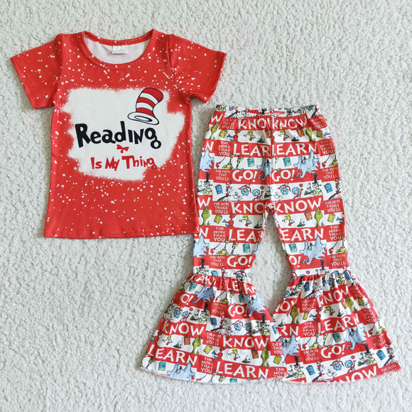 Promotional Cartoon Cat Reading Red Girls Short Sleeve+Trousers Sets