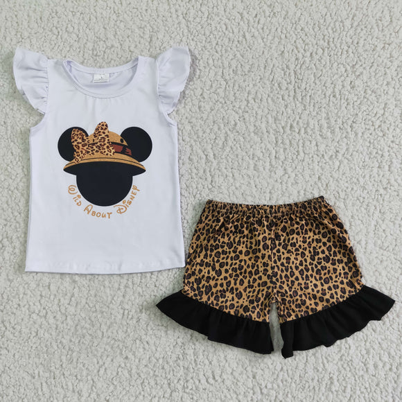 Promotional Cartoon Leopard Print White Girls Shorts Sets