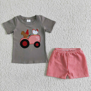 Promotional Chicken Car Red Plaid Gray Boys Shorts Sets