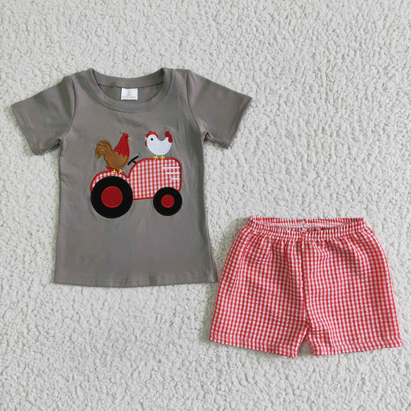 Promotional Chicken Car Red Plaid Gray Boys Shorts Sets