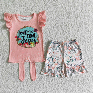 Promotional Love Me Jesus Criss-Cross Floral Girls Shorts Sets