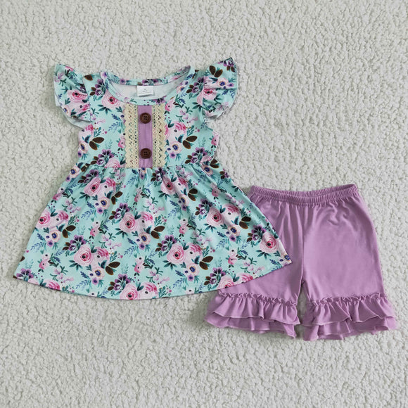 Lace Purple Floral Girls Shorts Sets