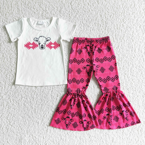 Promotional Aztec Cow Hot Pink Girls Short Sleeve+Trousers Sets