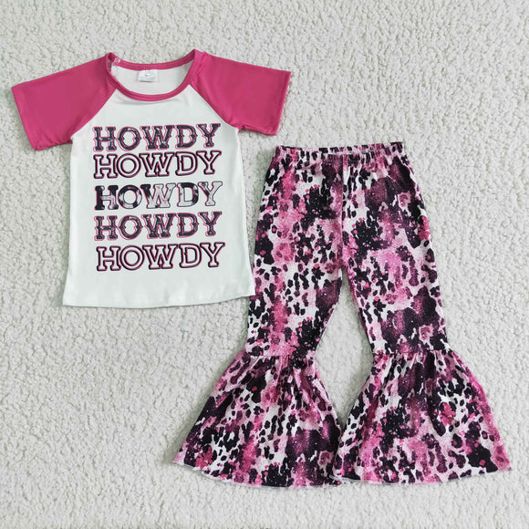 Promotional Howdy Cow Print Hot Pink Girls Short Sleeve+Trousers Sets