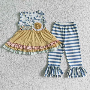 Floral Stripes Girls Short Sleeve+Trousers Sets