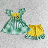 Promotional Tractor Embroidery Green Plaid Yellow Girls Shorts Sets