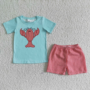 Promotional Red Lobster Plaid Blue Boys Shorts Sets