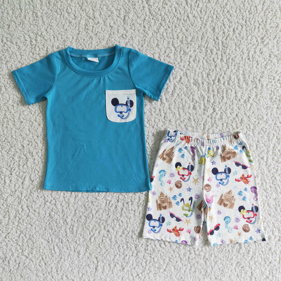 Cartoon Blue Pocket Boys Shorts Sets