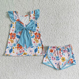 Promotional Floral Pink Sky Blue Bow Girls Shorts Sets