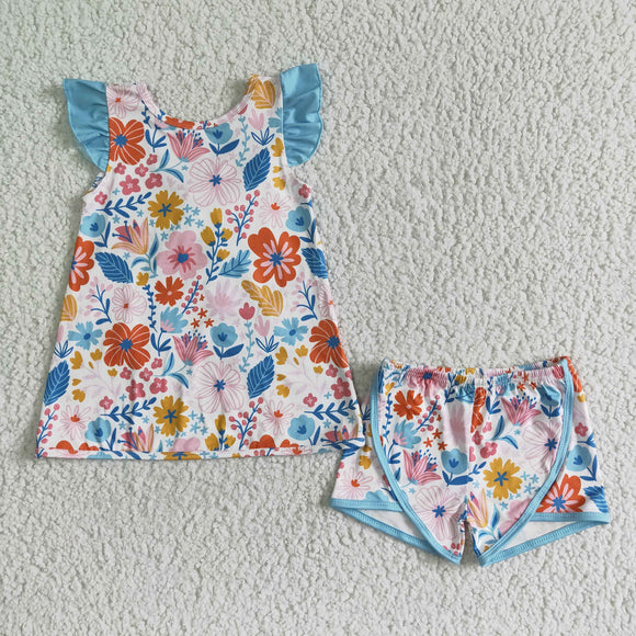 Promotional Floral Pink Sky Blue Bow Girls Shorts Sets