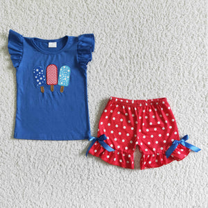 Popsicle Embroidery Blue Red Bow Girls 4th of July Outfits