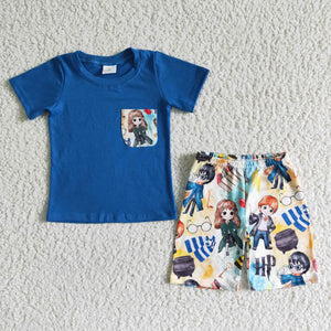 Cartoon Magic School Pocket Blue Boys Shorts Sets