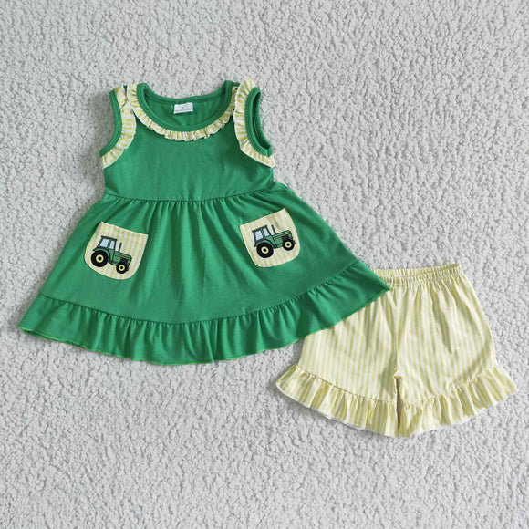 Promotional Tractor Green Yellow Girls Shorts Sets