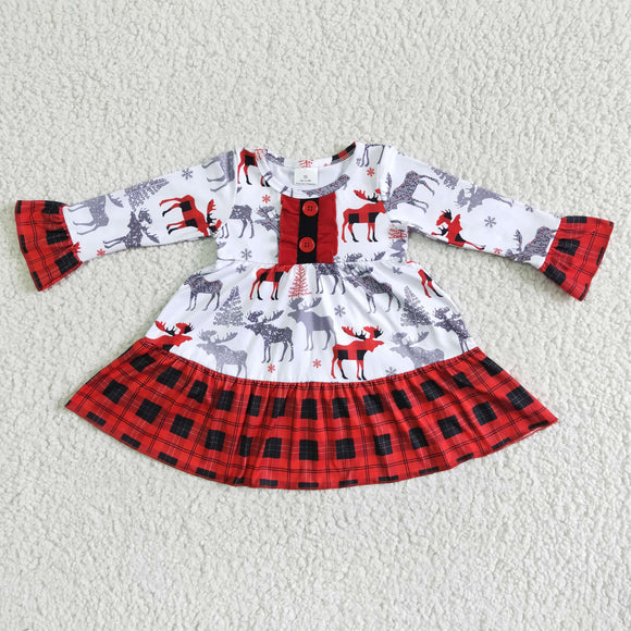 Reindeer Red Plaid White Girls Christmas Dress