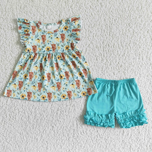 Promotional Cow Floral Green Girls Shorts Sets