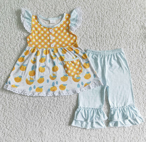 Promotional Orange Fruit Sky Blue Girls Short Sleeve+Trousers Sets