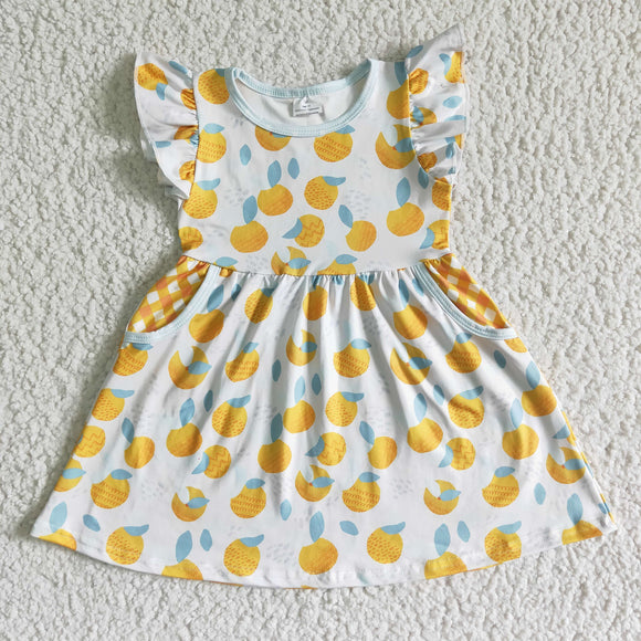 Promotional Fruit Yellow Plaid Pockets Girls Flutter Sleeve Dress