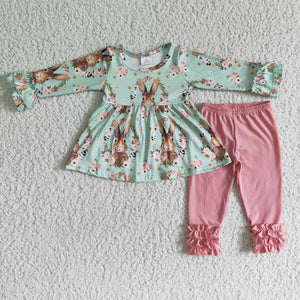 Promotional Bunny Floral Pink Ruffles Girls Easter Outfits