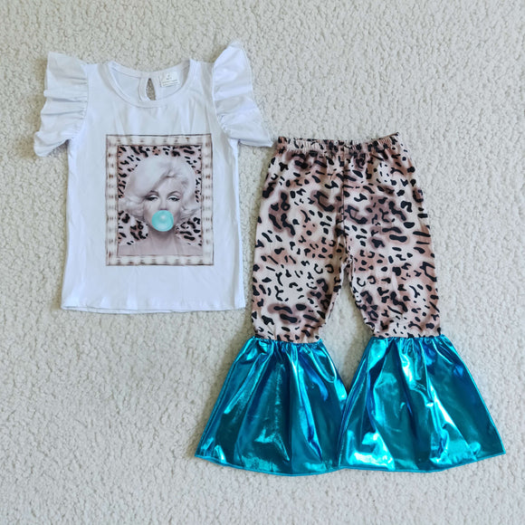 Promotional Leopard Print White Ruffles Girls Short Sleeve+Trousers Sets