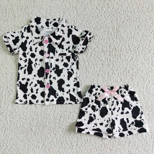 Cow Print Pink Bows Girls Short Sleeve Pajamas